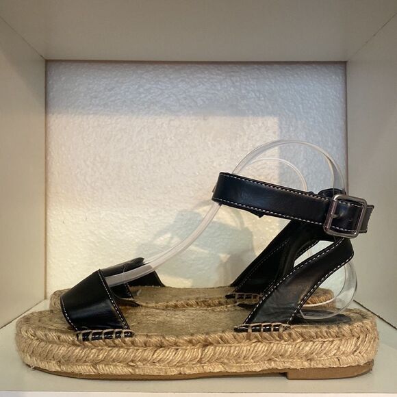 Urban Outfitters Black Leather Espadrille Sandals Ankle Strap Jute Sole Summer - Picture 2 of 14